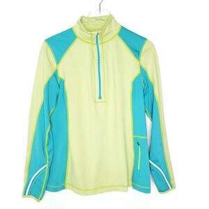 Title Nine Womens 1/4 Zip Top L Yellow Teal Thumbholes Zip Pocket Style# 520909